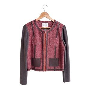 Hinge Red Brown Tweed Full Zip Long Sleeve Round Neck Womens Size M Knit Blazer